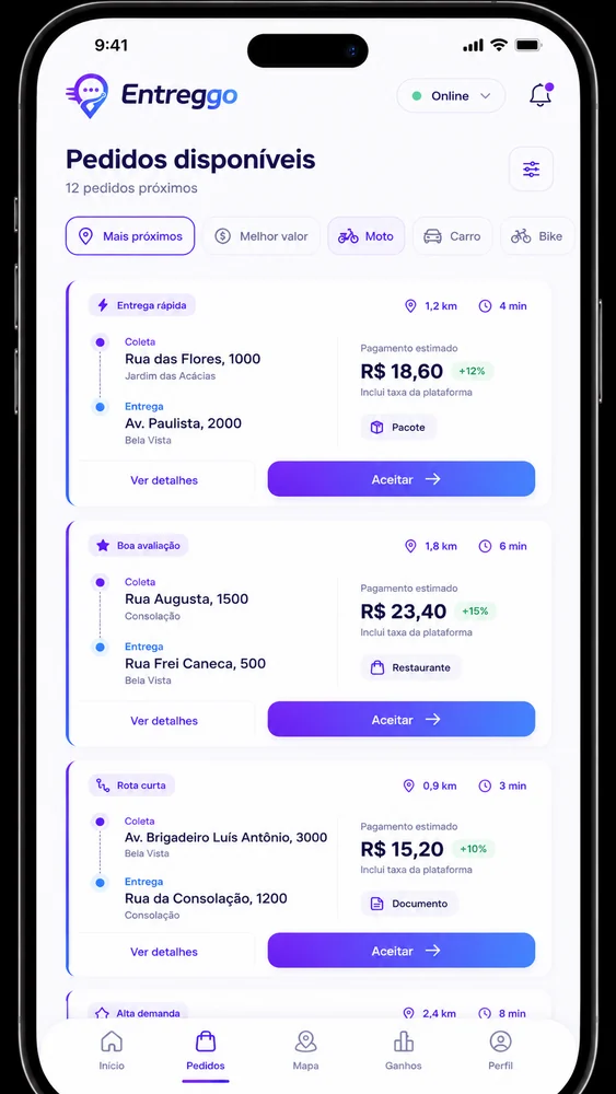 Aplicativo Entreggo para entregadores